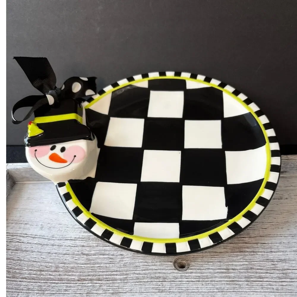 Mud Pie Checkerboard Snowman Dessert Plate